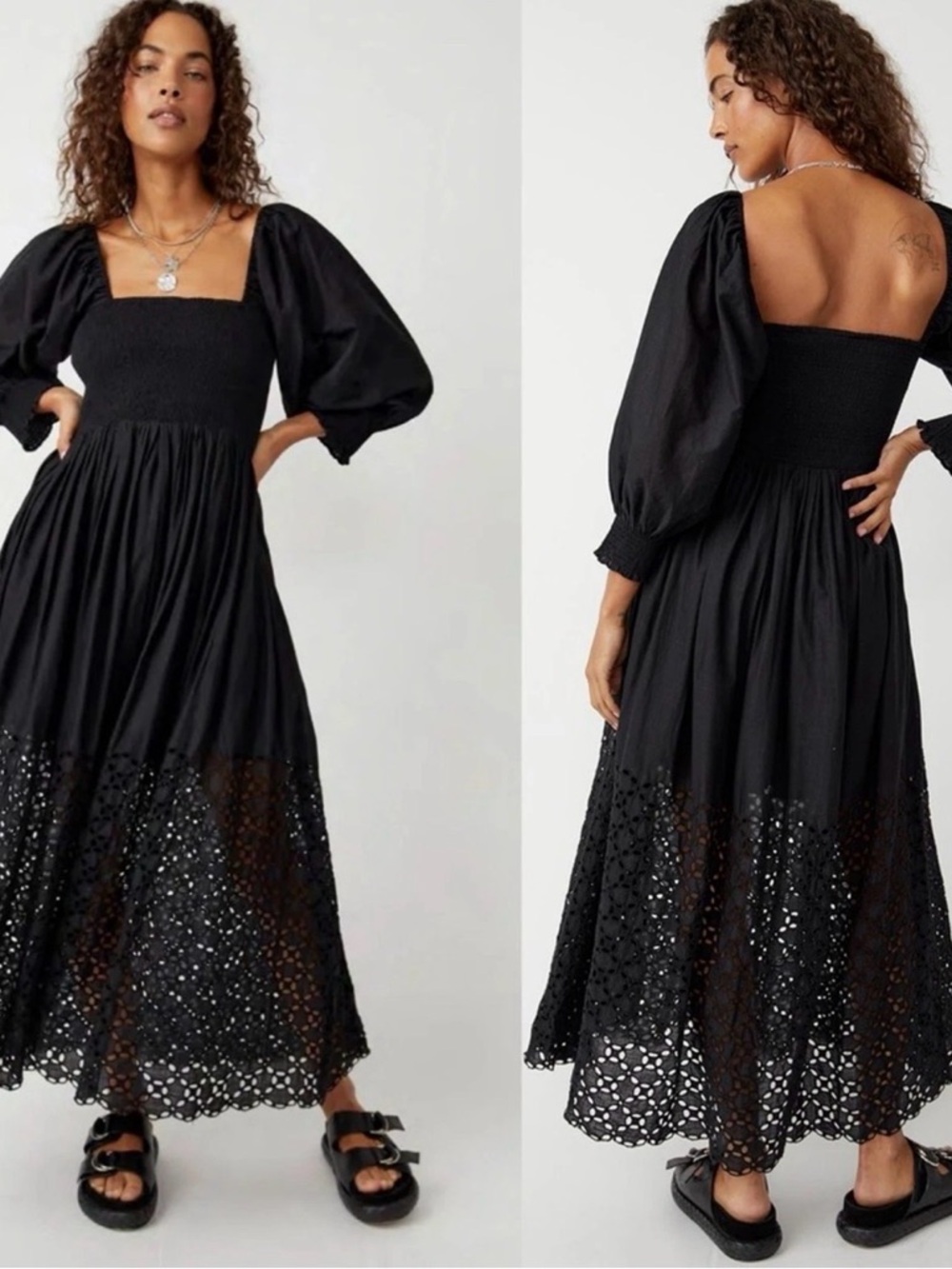Free People Black Puff-Sleeve Eyelet Hem Maxi Dress